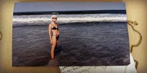 nostalgic collection of love letter, necklace and an old photograph of Joanna Schroeder in a swimsuit on a Florida beach