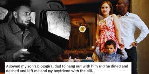Mom and young son at restaurant, man in car leaving