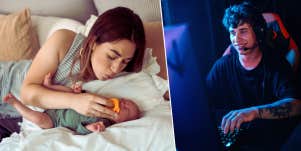 Mom and newborn, man playing video games