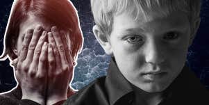 Ashamed mom with hands over her face, sad little boy