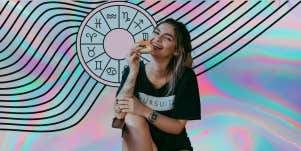 woman eating a doughnut, zodiac wheel