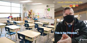 Left: image of classroom. Right: TikTok screenshot of the principal the mother confronted