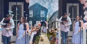 mother-in-law running up to hug son after gender reveal