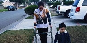 mother and son walking