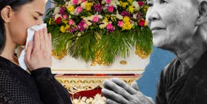 Woman crying at Buddhist funeral