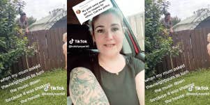 Two screenshots from Katelyn's TikTok, with one showing the neighbor arguing with her mother over the fence, and another showing her speaking to the camera in her car.