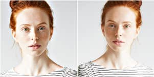 doubled image of a redhead looking serious