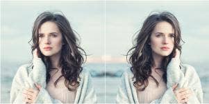 mirrored image of windswept woman