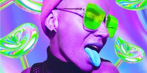 girl sticking her tongue out psychedelic background