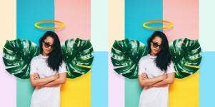 woman with leafy angel wings and halo