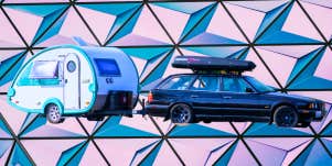 Station wagon pulling teardrop trailer