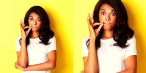 woman in front of yellow background with her lips sealed