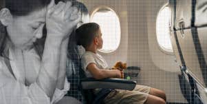Little boy riding airplane by himself, worried mother 