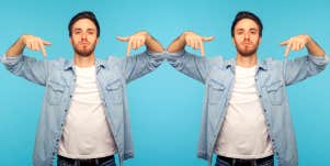 arrogant man pointing to himself in front of blue background