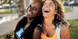 Two friend truly happy laughing together 