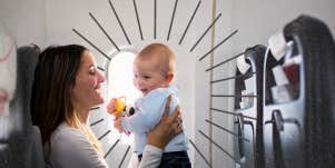 Mother with son on a airplane