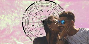 woman kissing man's cheek and zodiac wheel