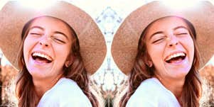 doubled image of a woman laughing in a hat