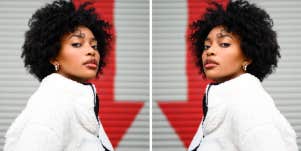 Doubled image of a Black woman with a white jacket, in front of a red arrow 