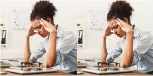 double image of tired woman at work