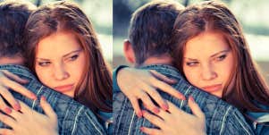 woman looking over man's shoulder as she hugs him