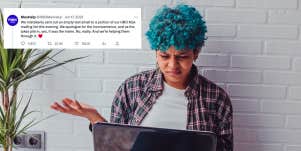 A photograph of a young person with dyed teal hair sitting at a computer looking frustrated. A screenshot of HBO Max's tweet is visible by their head.