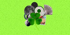 lucky objects, four leaf clover, horseshoe, money, moon, ladybug