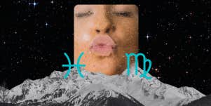 woman making kissing face, pisces and virgo glyphs