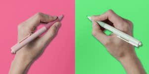 left hand and right hand with pens