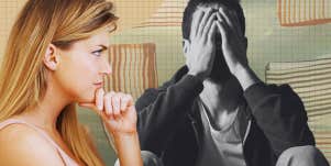 Troubled man and a woman curiously looking at him, planning to 'fix' him