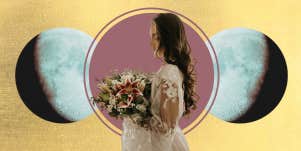 moons, bride holding flowers