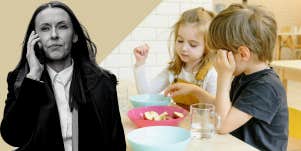Woman on the phone, kids in a cafe
