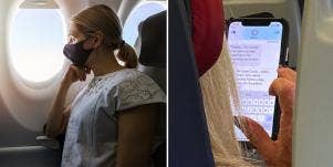 woman on plane text message covid