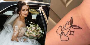 bride at her wedding, hand tattoo