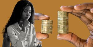 Woman working, stack of coins