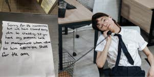 Worker's note for customers, overworked employee