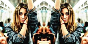 doubled image of a sad young woman in a crowded room