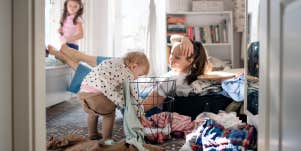 mom and children in messy room