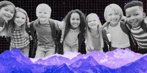 mountain range, group of kids