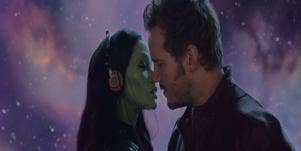 Zoe Saldana as Gamora and Chris Pratt as Star Lord of the Marvel "Guardians Of The Galaxy" movie, about to kiss and consummate their romance
