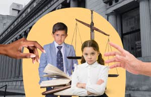 little kids standing in front of courthouse with parents arms reaching for them