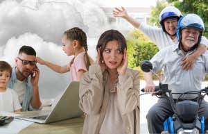 Empty Nesters having fun on vespa, Their children with kids overwhelmed