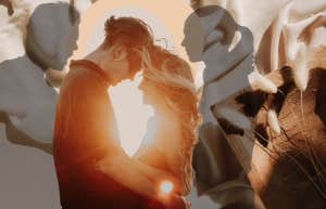 Shadowed couple arguing, illuminated couple embracing