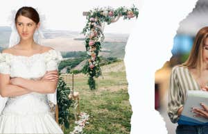 Friend in wedding dress upset, other friend working in office 