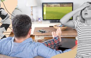 woman frusterated while husband sits on couch, and son prepares for his soccer game