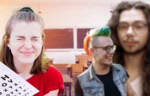 young girl squinting, boys blurry