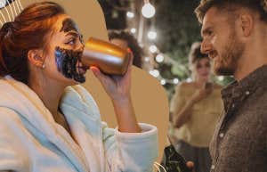 Woman staying in, drinking wine with a mask on, going out meeting people