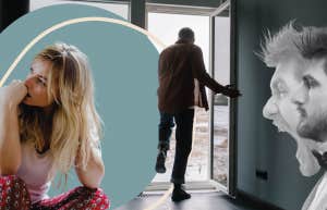 Man with many emotions, walking out of the door, leaving woman spiraling in her confused feelings