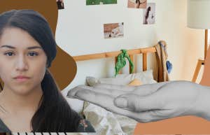 I Got Married Because My Parents Started Charging Me Rent Girl in front of her childhood bedroom as her parents hand reaches out for rent