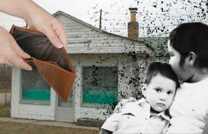 run down home, man holding a empty wallet and two children comforting each other